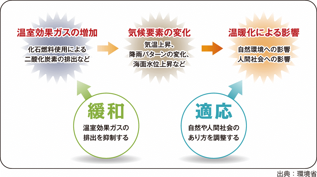 温室効果ガスの増加（緩和）、気候要素の変化、温暖化による影響（適応）