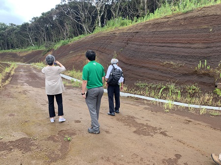 現地審査、火山灰の堆積状況が分かる法面