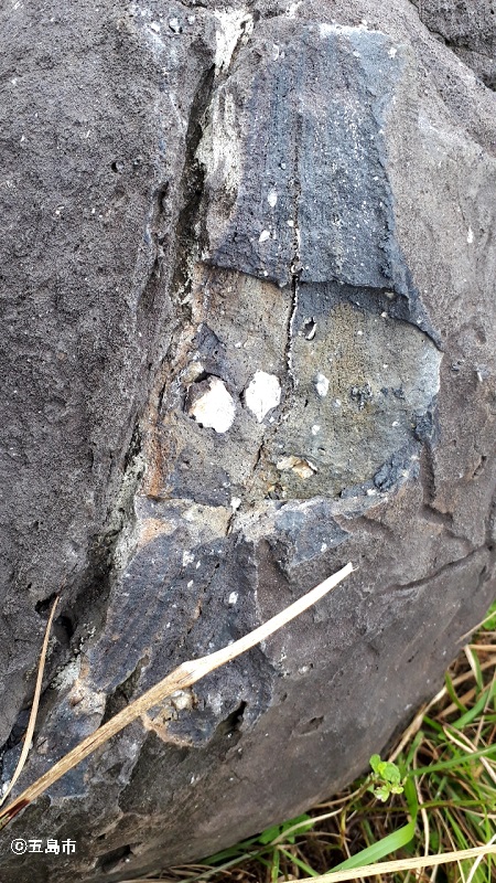 溶岩に含まれるキラキラした石（白い部分が斜長石）の写真
