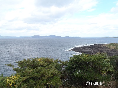 細ヶ岳の頂上から眺める溶岩海岸の写真