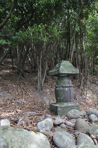 木陰にひっそり建つ石塔の画像