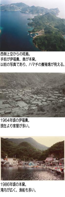 1枚目 西側上空からの椛島。2枚目 1964年ごろの伊福貴町。3枚目 1986年ごろの本窯です。