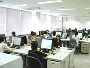 ディーソルHPIの勤務時の様子。社員がパソコンに向かって作業している風景。